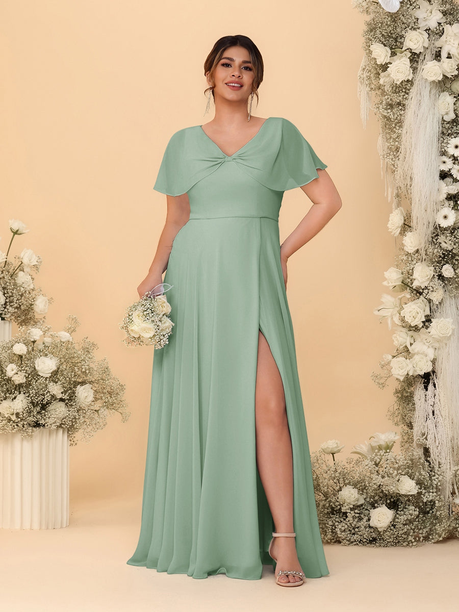 A-Line/Princess V-Neck Short Sleeves Plus Size Bridesmaid Dresses With Side Slit