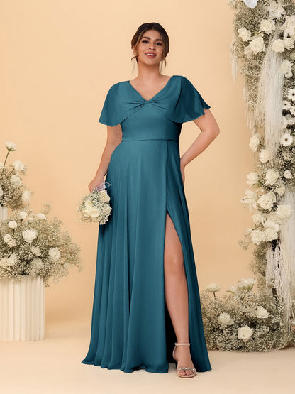 A-Line/Princess V-Neck Short Sleeves Plus Size Bridesmaid Dresses With Side Slit
