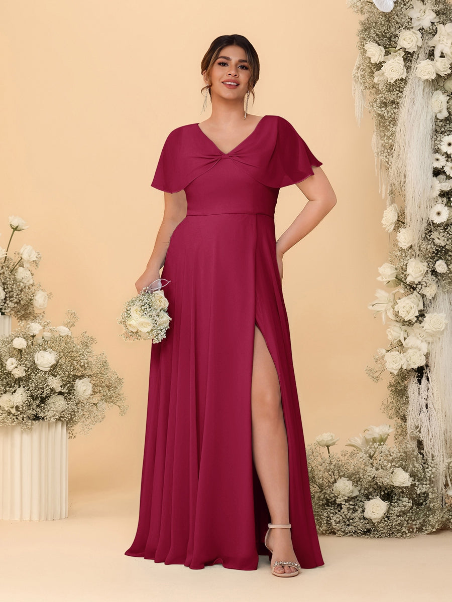 A-Line/Princess V-Neck Short Sleeves Plus Size Bridesmaid Dresses With Side Slit