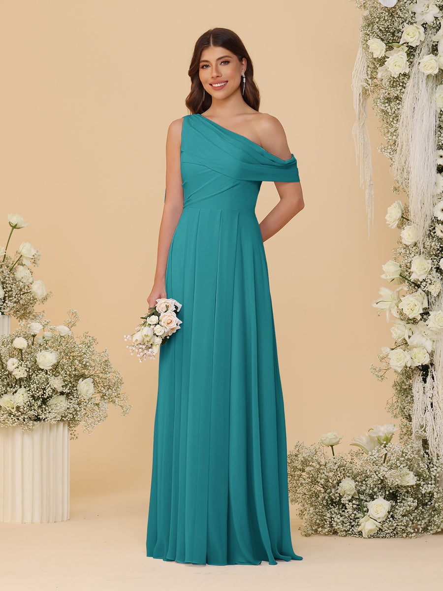 A-Line/Princess One-Shoulder Floor-Length Bridesmaid Dresses With Watteau Train