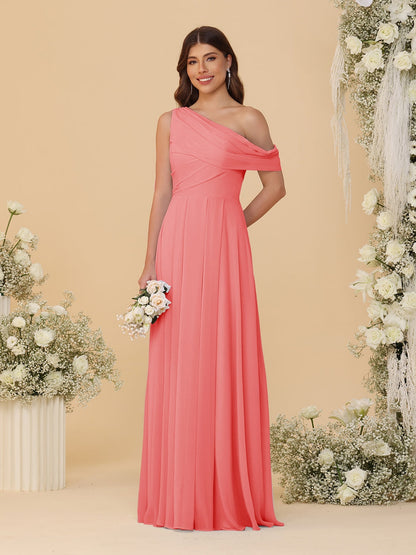 A-Line/Princess One-Shoulder Floor-Length Bridesmaid Dresses With Watteau Train
