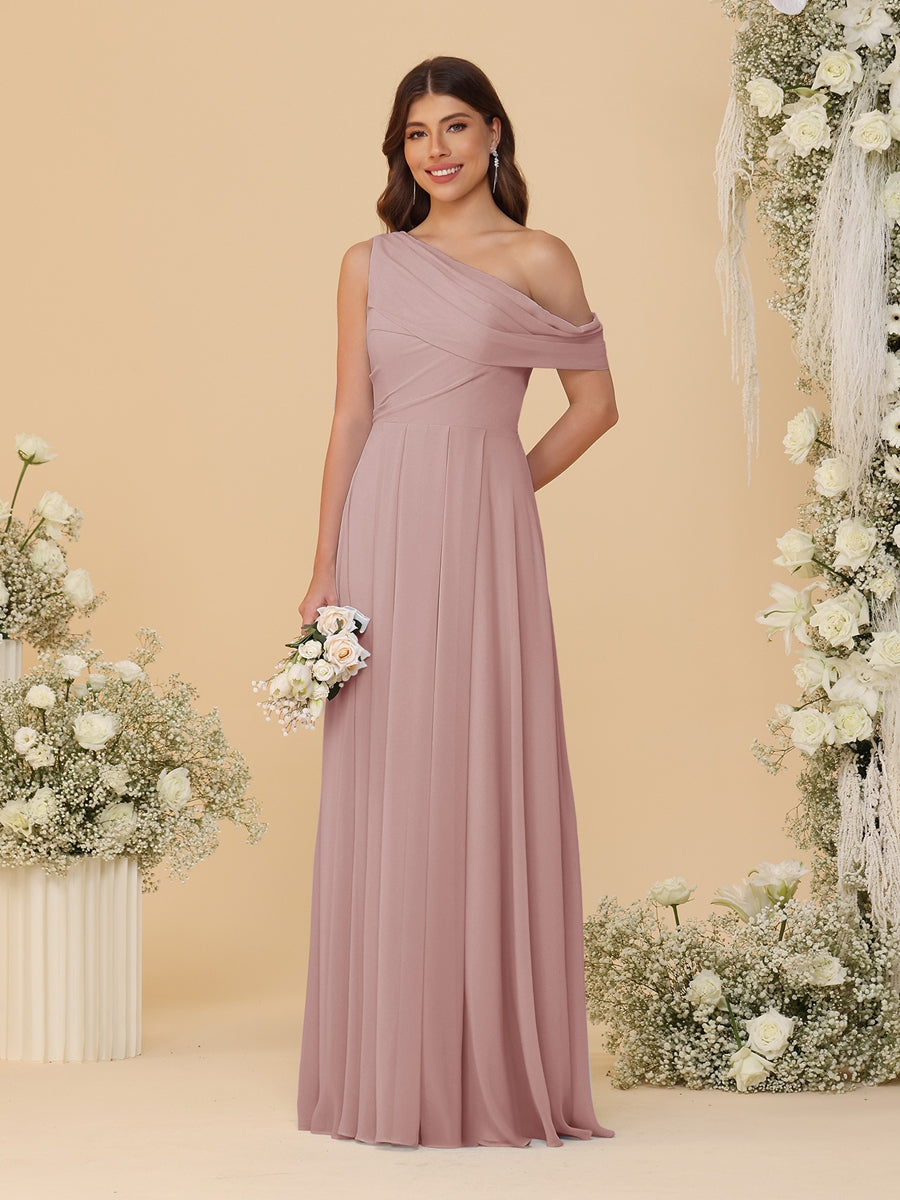 A-Line/Princess One-Shoulder Floor-Length Bridesmaid Dresses With Watteau Train