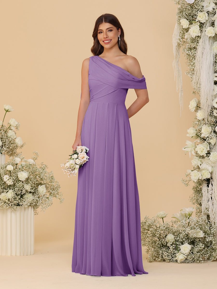 A-Line/Princess One-Shoulder Floor-Length Bridesmaid Dresses With Watteau Train