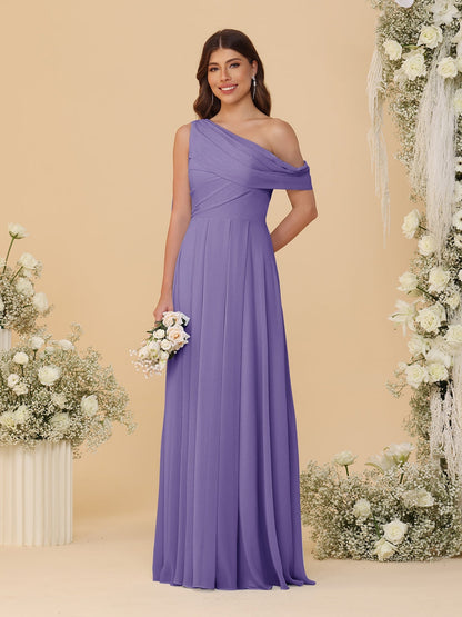 A-Line/Princess One-Shoulder Floor-Length Bridesmaid Dresses With Watteau Train