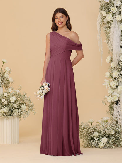 A-Line/Princess One-Shoulder Floor-Length Bridesmaid Dresses With Watteau Train