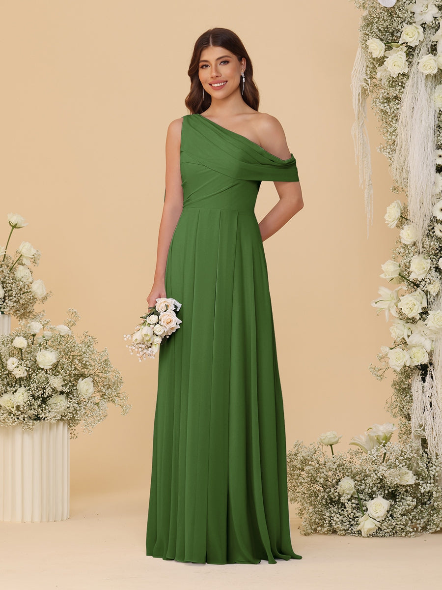 A-Line/Princess One-Shoulder Floor-Length Bridesmaid Dresses With Watteau Train