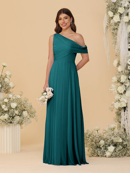 A-Line/Princess One-Shoulder Floor-Length Bridesmaid Dresses With Watteau Train