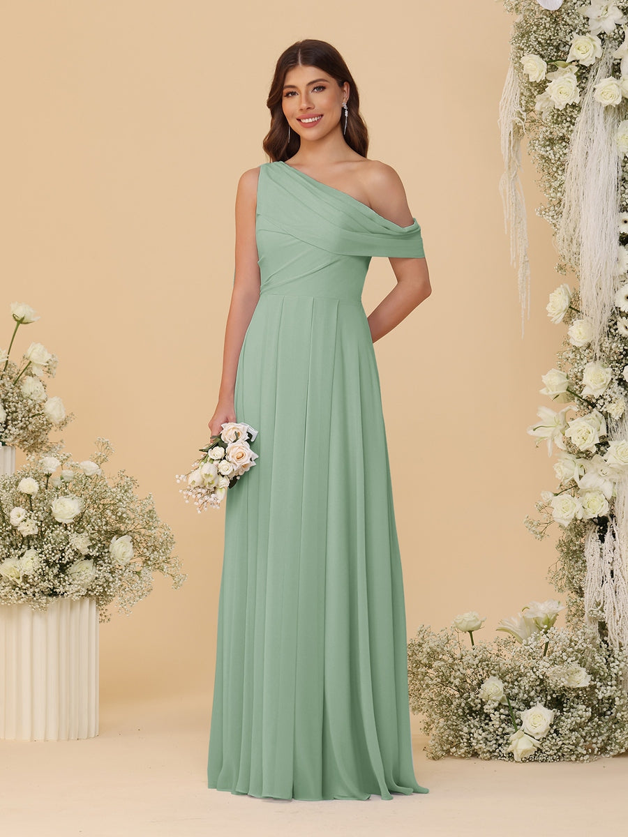 A-Line/Princess One-Shoulder Floor-Length Bridesmaid Dresses With Watteau Train