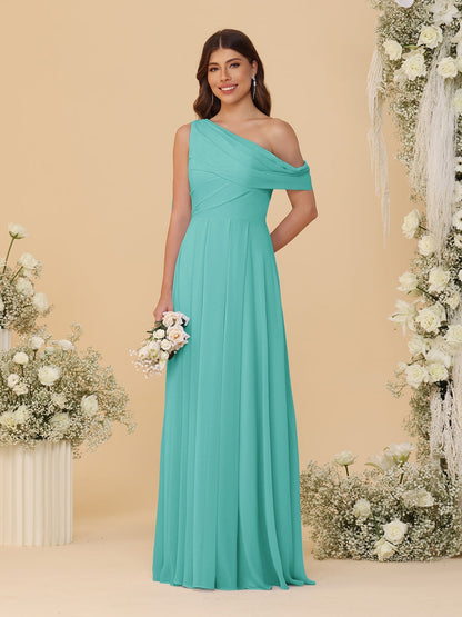 A-Line/Princess One-Shoulder Floor-Length Bridesmaid Dresses With Watteau Train