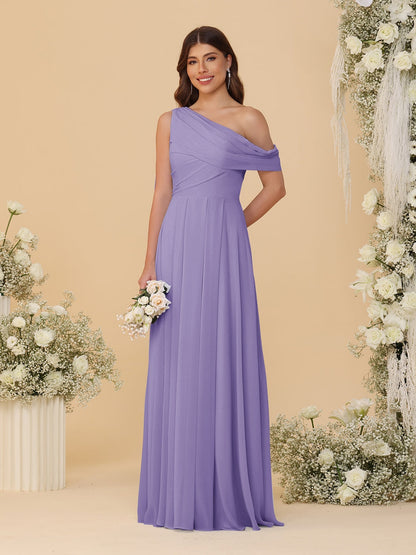 A-Line/Princess One-Shoulder Floor-Length Bridesmaid Dresses With Watteau Train