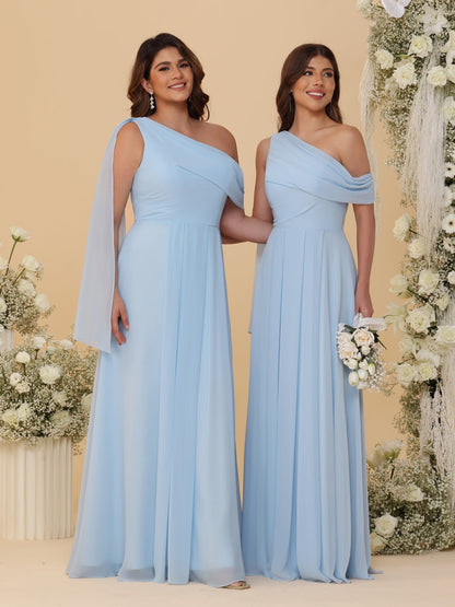 A-Line/Princess One-Shoulder Floor-Length Plus Size Bridesmaid Dresses With Watteau Train