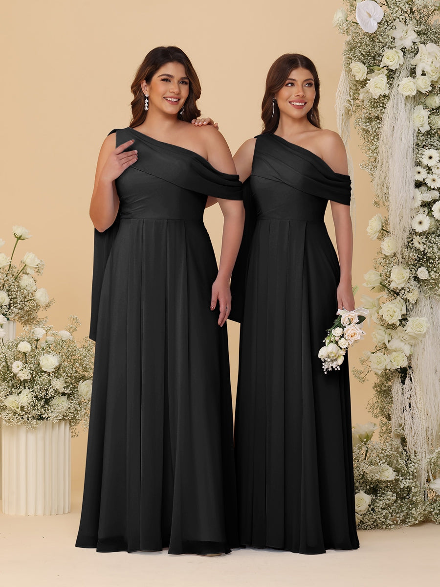 A-Line/Princess One-Shoulder Floor-Length Plus Size Bridesmaid Dresses With Watteau Train
