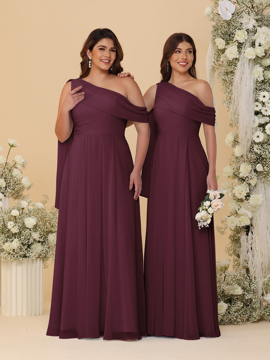 A-Line/Princess One-Shoulder Floor-Length Plus Size Bridesmaid Dresses With Watteau Train