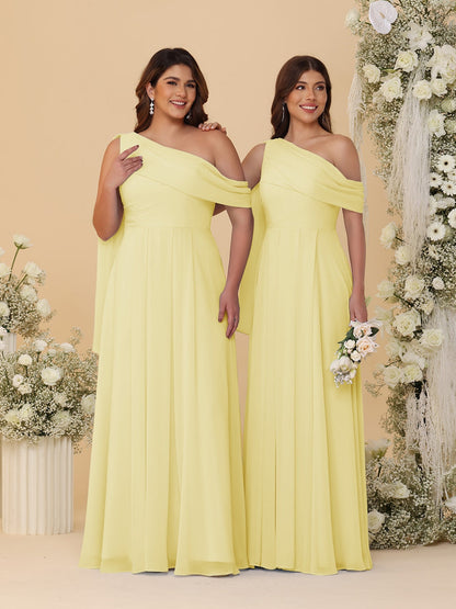 A-Line/Princess One-Shoulder Floor-Length Plus Size Bridesmaid Dresses With Watteau Train