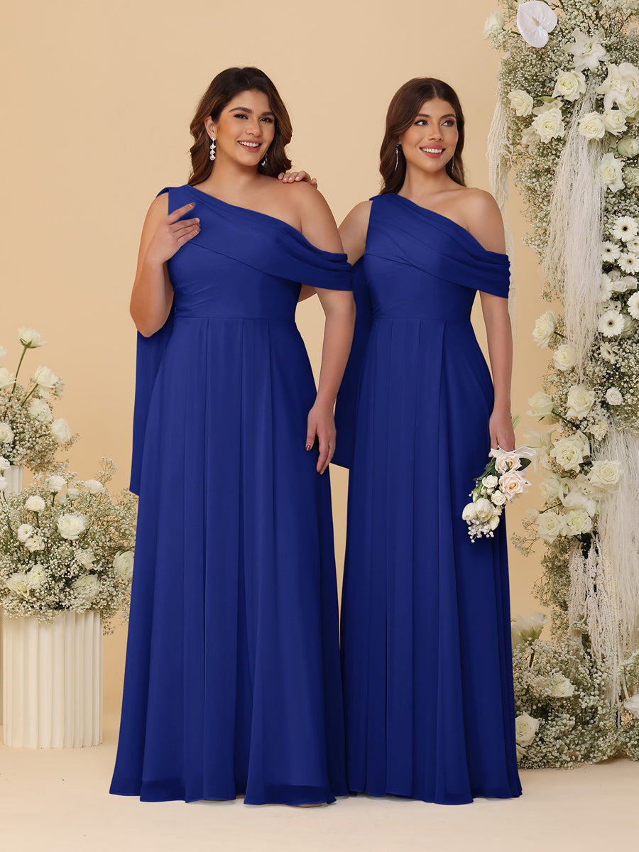 A-Line/Princess One-Shoulder Floor-Length Plus Size Bridesmaid Dresses With Watteau Train