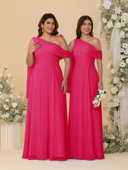 A-Line/Princess One-Shoulder Floor-Length Plus Size Bridesmaid Dresses With Watteau Train