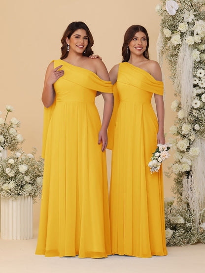 A-Line/Princess One-Shoulder Floor-Length Plus Size Bridesmaid Dresses With Watteau Train