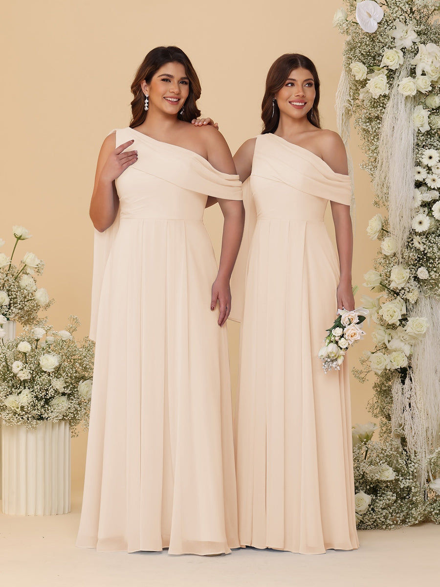 A-Line/Princess One-Shoulder Floor-Length Plus Size Bridesmaid Dresses With Watteau Train