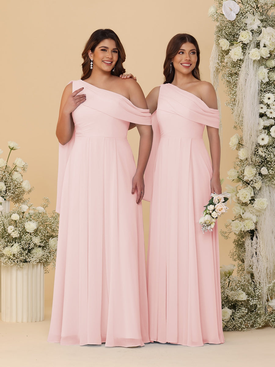 A-Line/Princess One-Shoulder Floor-Length Plus Size Bridesmaid Dresses With Watteau Train