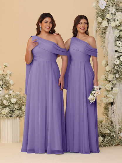 A-Line/Princess One-Shoulder Floor-Length Plus Size Bridesmaid Dresses With Watteau Train