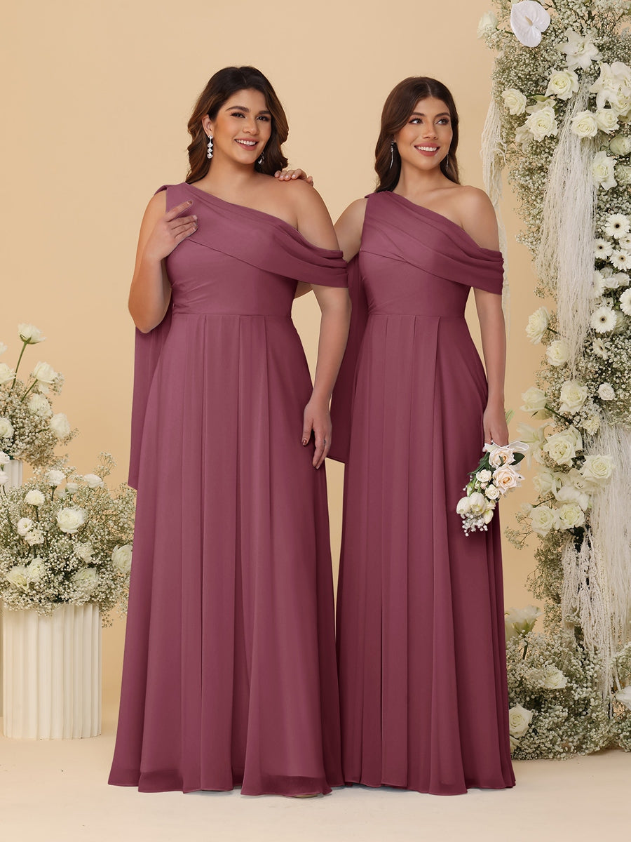 A-Line/Princess One-Shoulder Floor-Length Plus Size Bridesmaid Dresses With Watteau Train