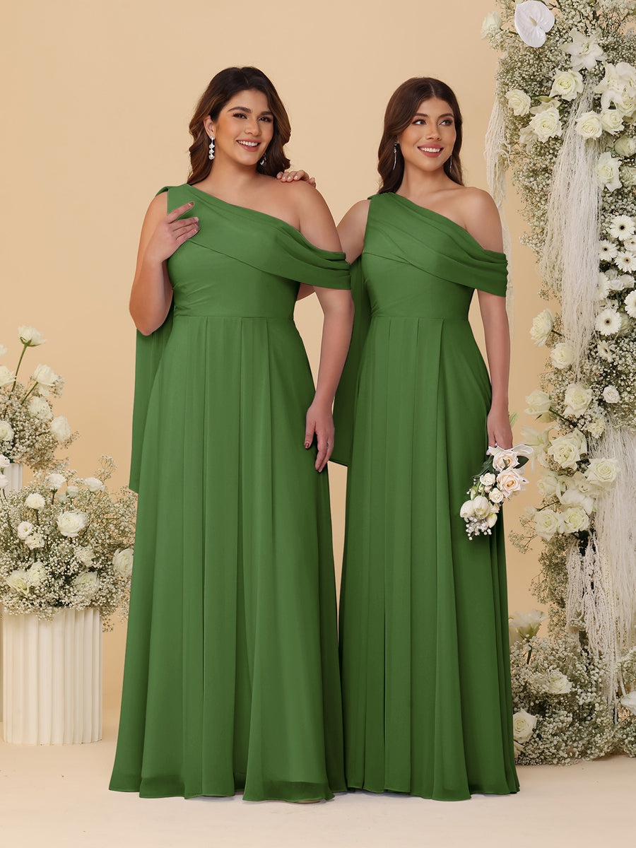 A-Line/Princess One-Shoulder Floor-Length Plus Size Bridesmaid Dresses With Watteau Train