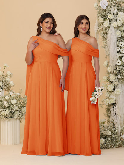A-Line/Princess One-Shoulder Floor-Length Plus Size Bridesmaid Dresses With Watteau Train