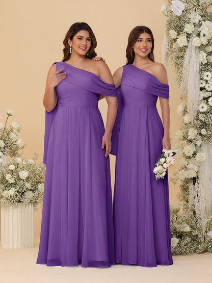 A-Line/Princess One-Shoulder Floor-Length Plus Size Bridesmaid Dresses With Watteau Train