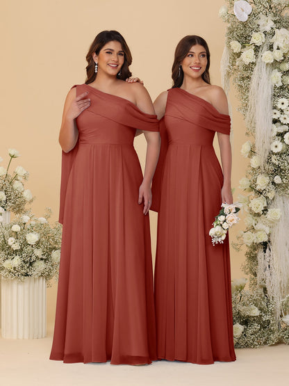 A-Line/Princess One-Shoulder Floor-Length Plus Size Bridesmaid Dresses With Watteau Train