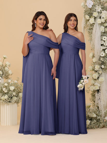 A-Line/Princess One-Shoulder Floor-Length Plus Size Bridesmaid Dresses With Watteau Train