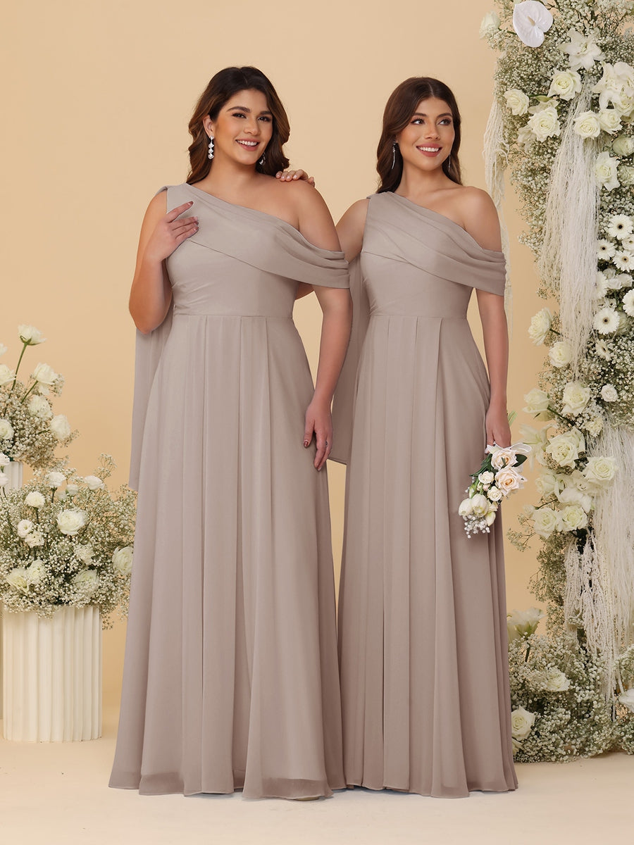A-Line/Princess One-Shoulder Floor-Length Plus Size Bridesmaid Dresses With Watteau Train