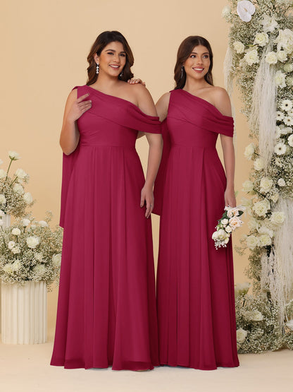A-Line/Princess One-Shoulder Floor-Length Plus Size Bridesmaid Dresses With Watteau Train