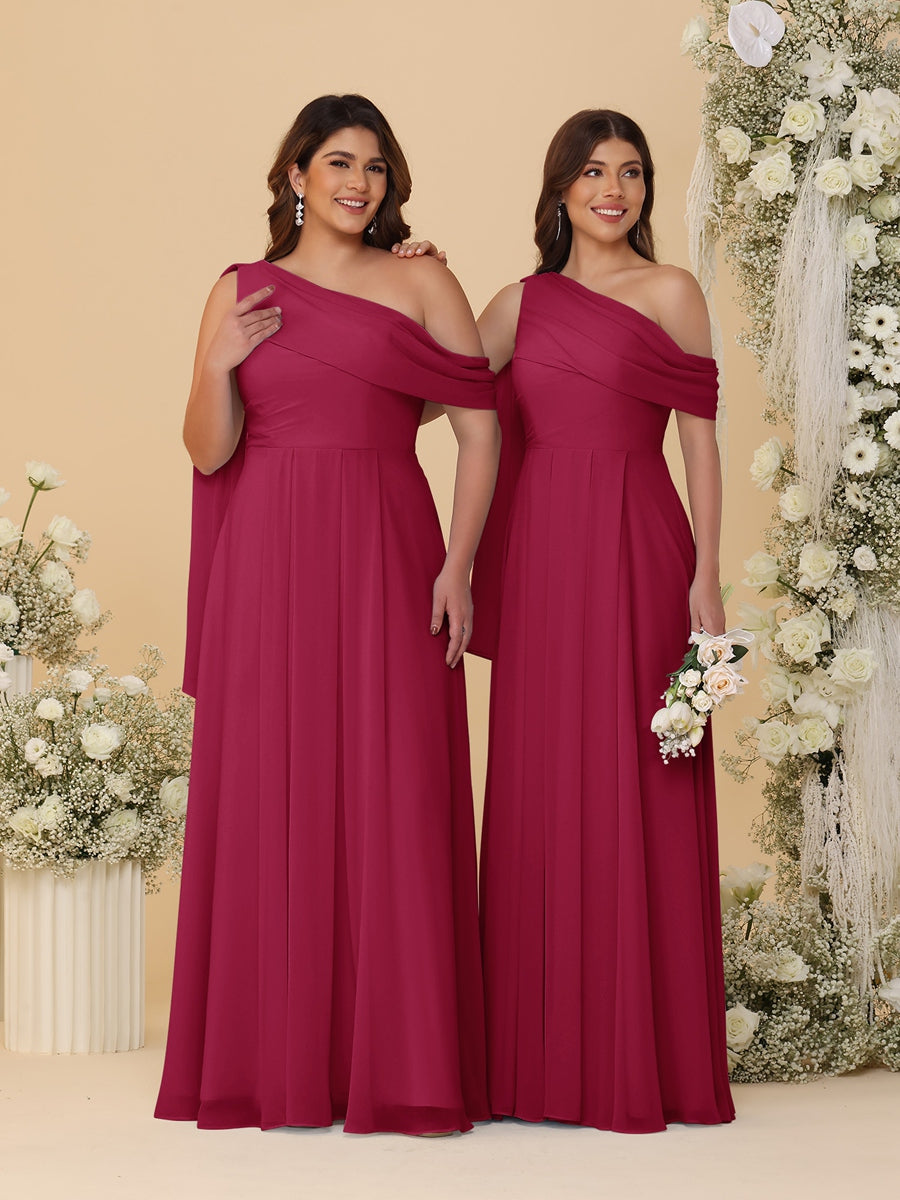 A-Line/Princess One-Shoulder Floor-Length Plus Size Bridesmaid Dresses With Watteau Train