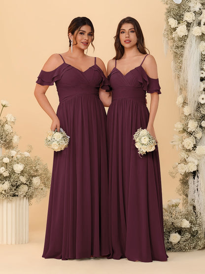 A-Line/Princess V-Neck Spaghetti Straps Chiffon Ruched  Bridesmaid Dresses