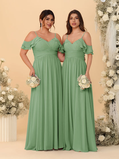 A-Line/Princess V-Neck Spaghetti Straps Chiffon Ruched  Bridesmaid Dresses
