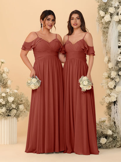 A-Line/Princess V-Neck Spaghetti Straps Chiffon Ruched  Bridesmaid Dresses
