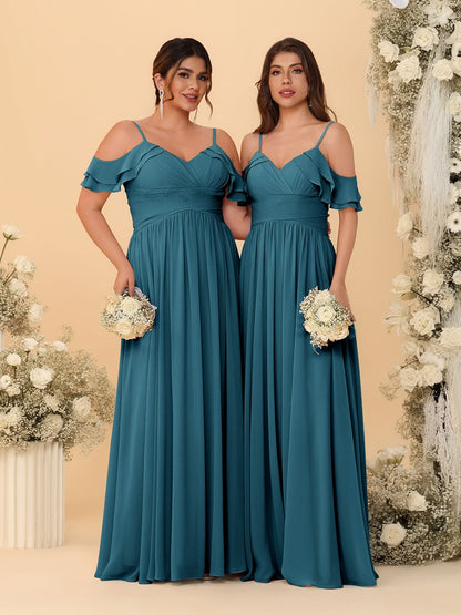 A-Line/Princess V-Neck Spaghetti Straps Chiffon Ruched  Bridesmaid Dresses