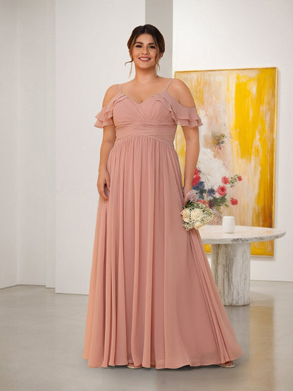 A-Line/Princess V-Neck Spaghetti Straps Chiffon Ruched Plus Size Bridesmaid Dresses