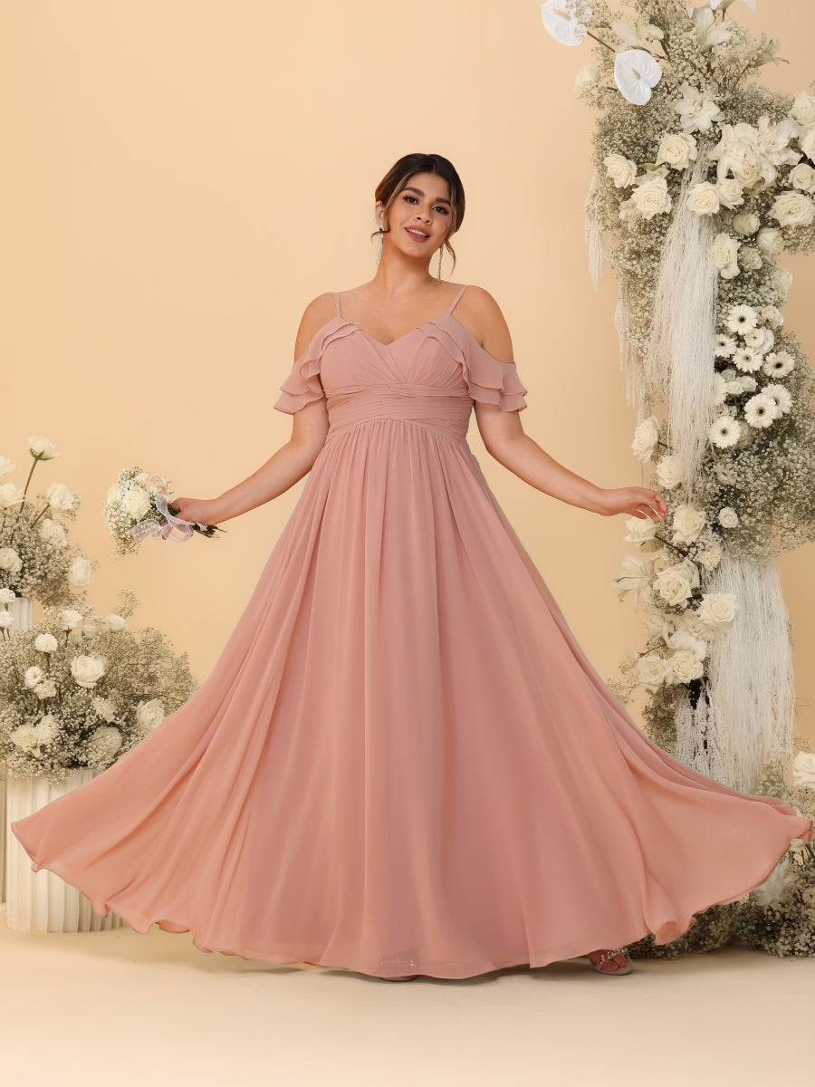 A-Line/Princess V-Neck Spaghetti Straps Chiffon Ruched Plus Size Bridesmaid Dresses