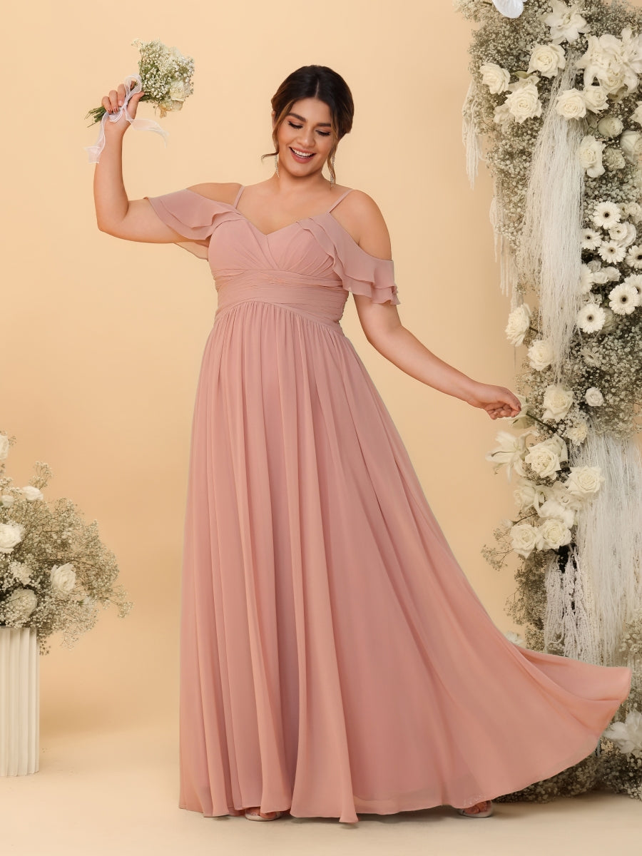 A-Line/Princess V-Neck Spaghetti Straps Chiffon Ruched Plus Size Bridesmaid Dresses