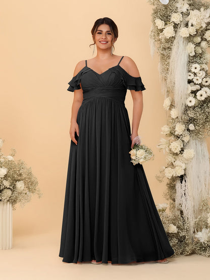 A-Line/Princess V-Neck Spaghetti Straps Chiffon Ruched Plus Size Bridesmaid Dresses