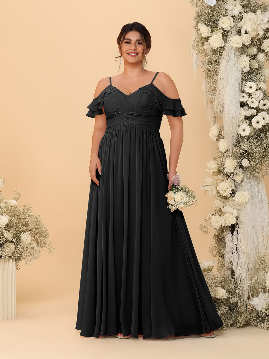 A-Line/Princess V-Neck Spaghetti Straps Chiffon Ruched Plus Size Bridesmaid Dresses