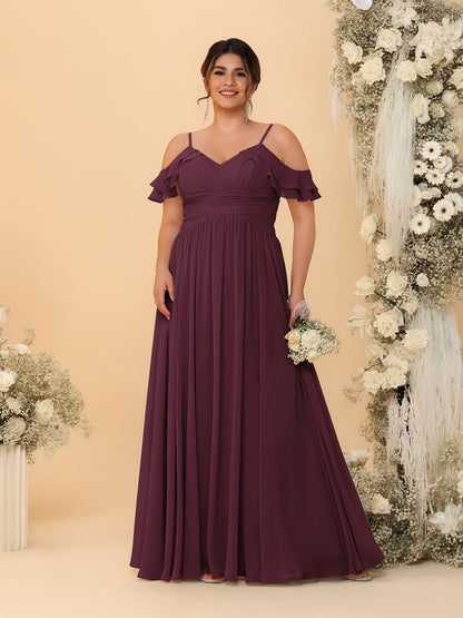 A-Line/Princess V-Neck Spaghetti Straps Chiffon Ruched Plus Size Bridesmaid Dresses