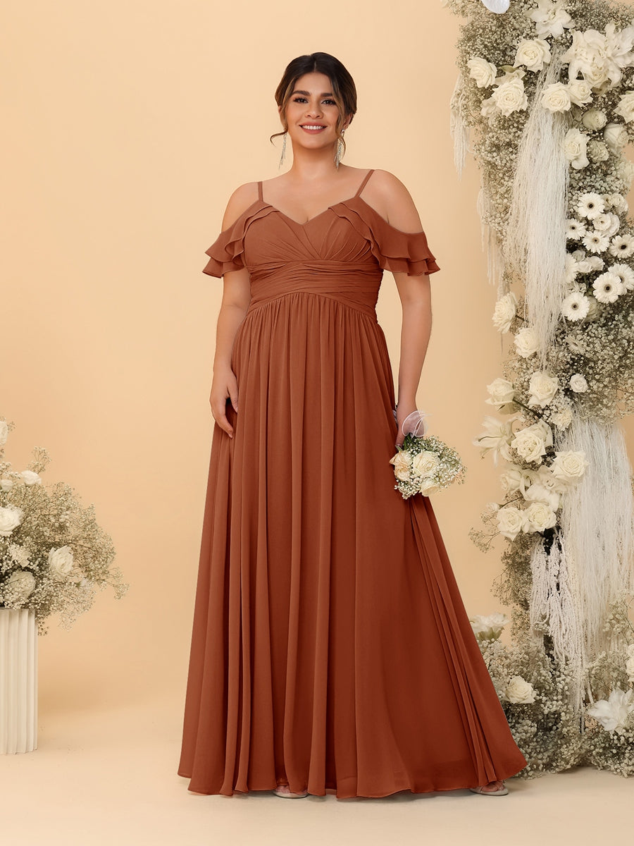 A-Line/Princess V-Neck Spaghetti Straps Chiffon Ruched Plus Size Bridesmaid Dresses