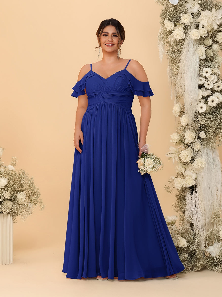 A-Line/Princess V-Neck Spaghetti Straps Chiffon Ruched Plus Size Bridesmaid Dresses