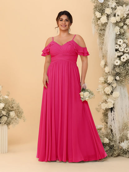 A-Line/Princess V-Neck Spaghetti Straps Chiffon Ruched Plus Size Bridesmaid Dresses