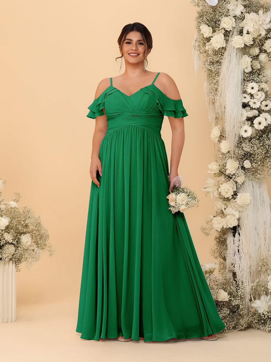 A-Line/Princess V-Neck Spaghetti Straps Chiffon Ruched Plus Size Bridesmaid Dresses