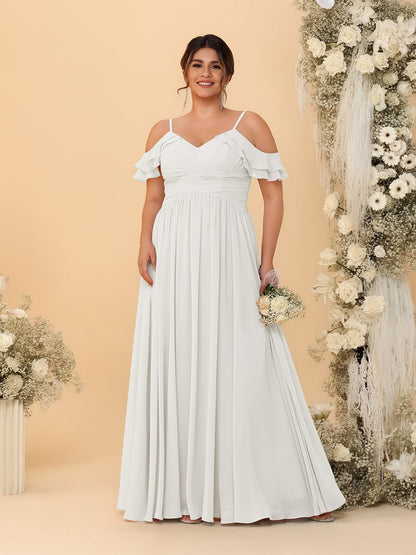 A-Line/Princess V-Neck Spaghetti Straps Chiffon Ruched Plus Size Bridesmaid Dresses