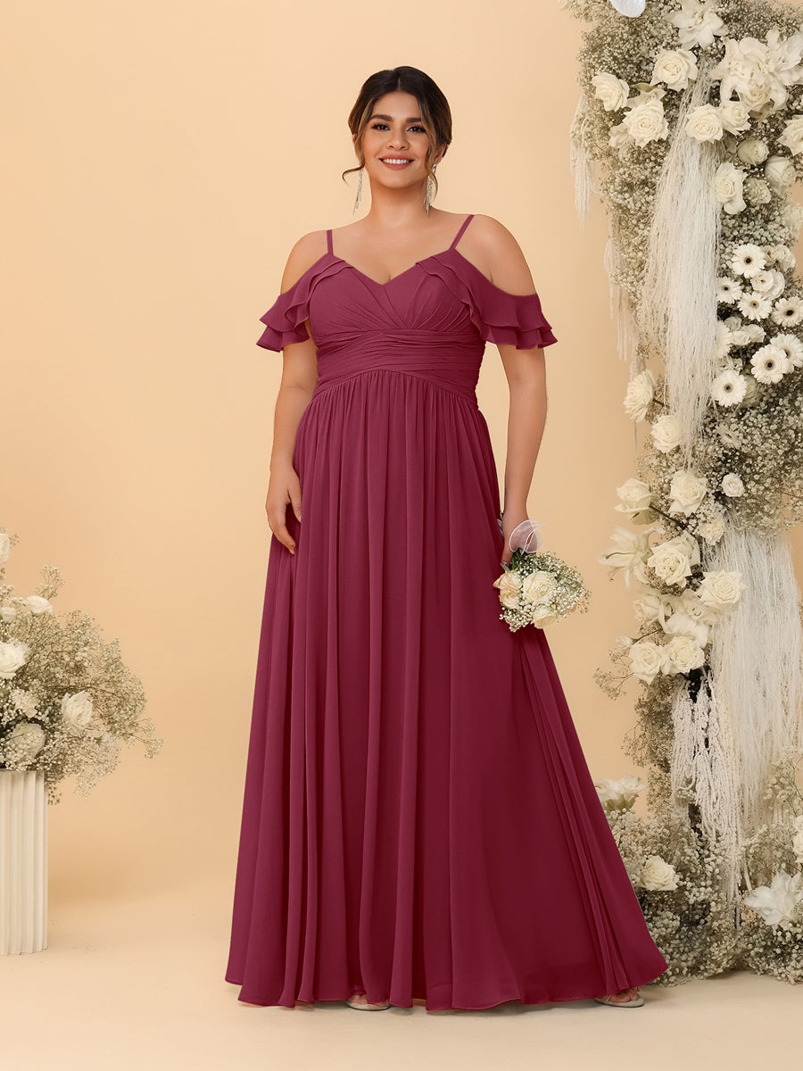 A-Line/Princess V-Neck Spaghetti Straps Chiffon Ruched Plus Size Bridesmaid Dresses