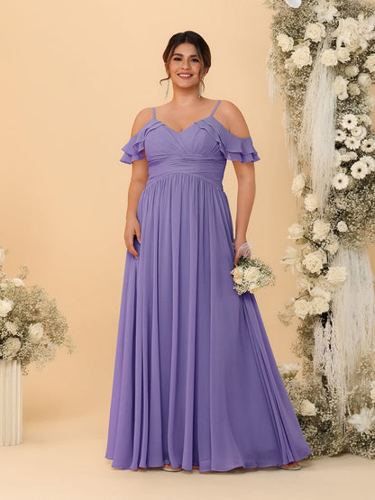 A-Line/Princess V-Neck Spaghetti Straps Chiffon Ruched Plus Size Bridesmaid Dresses